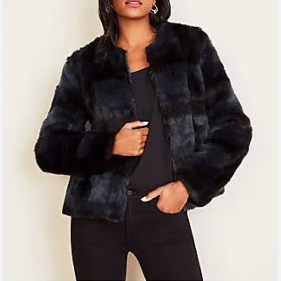 NWOT ANN TAYLOR Petite X-Large  Plaid Plush Faux Fur Jacket/Coat, Navy Multi - Picture 8 of 8